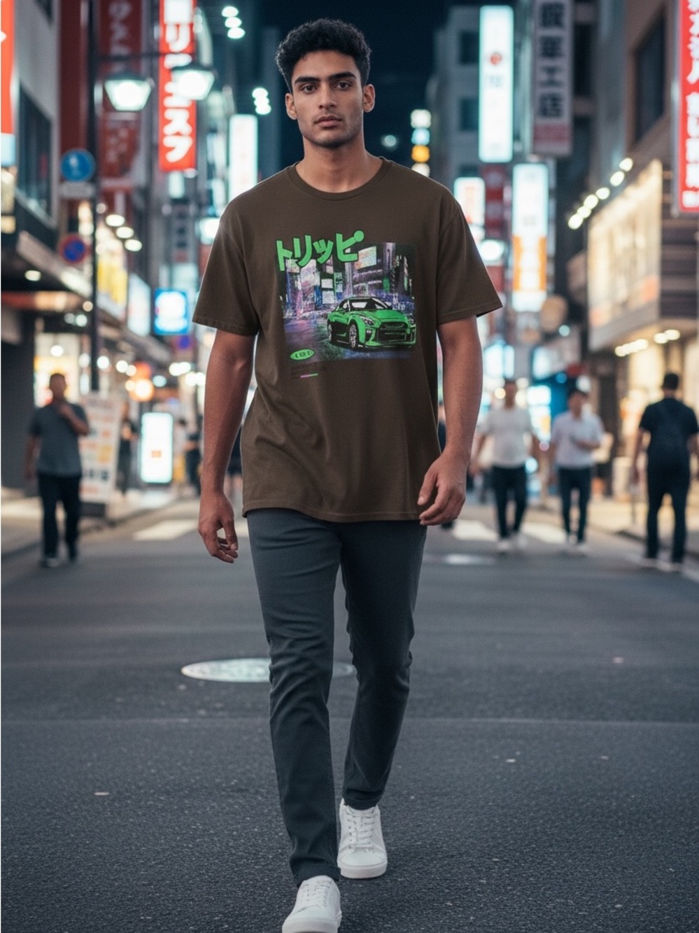 Graphic Short Sleeve Tee with Neon Car Print - Brown/Green - Picture 2 of 4